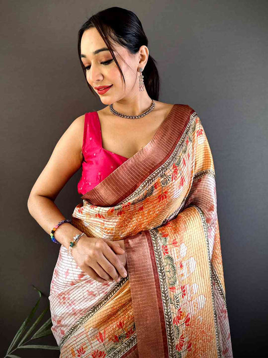 Graceful Beige Soft Silk Chex Saree by My Store