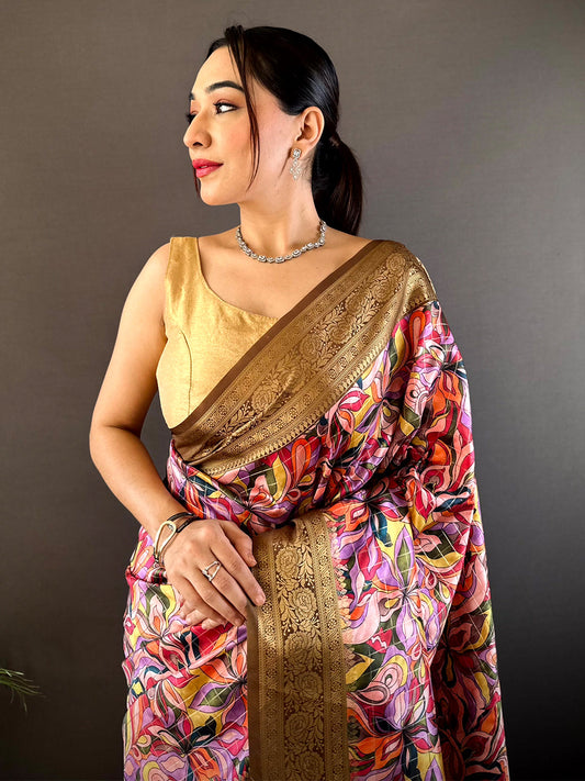 Brown Soft Gadwal Pattu Geometric Saree by My Store