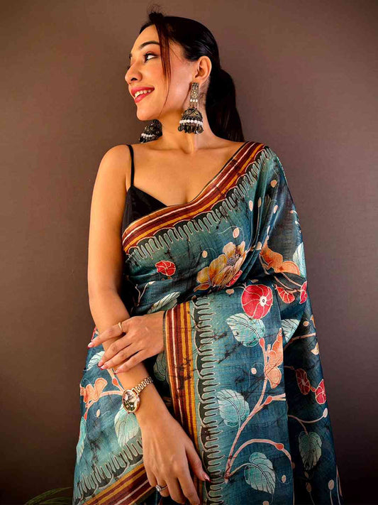 Rama Tissue Chanderi Kalamkari Saree by My Store