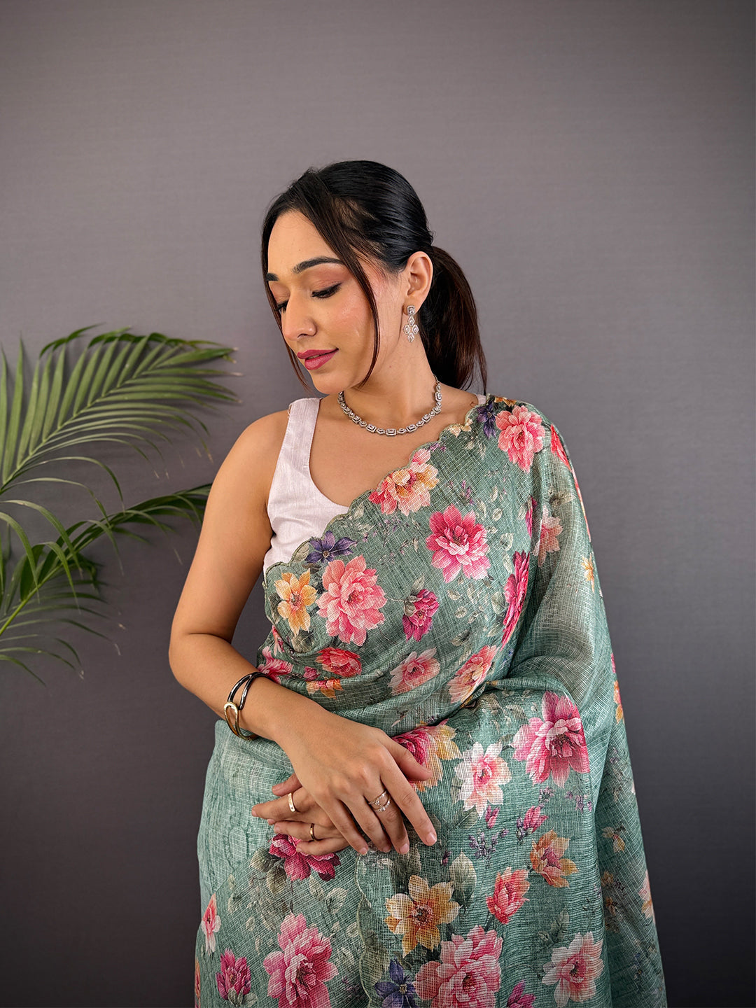 Mint Green Kota Doriya Floral Cut Work Saree by My Store
