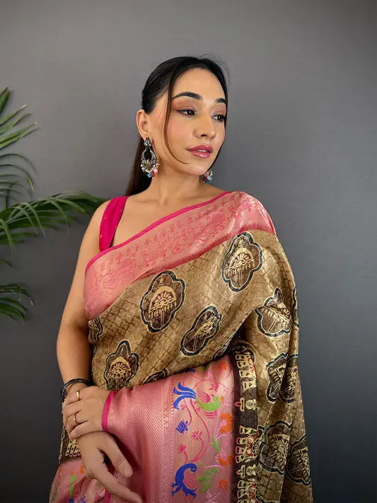 Beige Kora Muslin Kalamkari Floral Print Saree