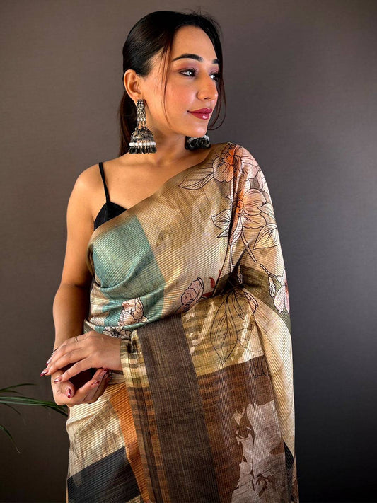 Dark Khaki Semi-Gold Zari Abstract Tussar Saree by My Store