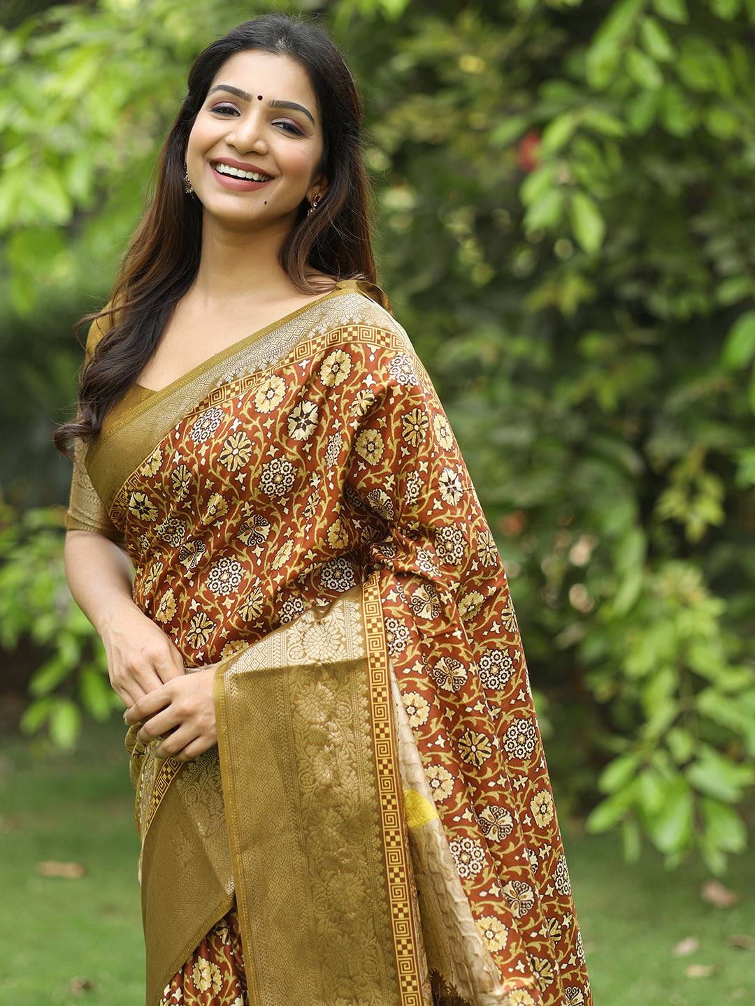 Brown Ajrak Block & Hand Kalamkari Printed Pure Viscose Dola Silk Saree - Luxe by My Store