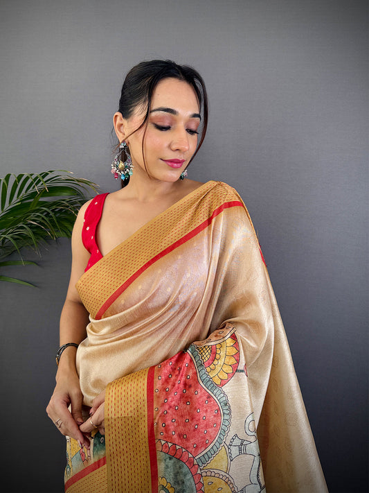 Cream Tussar Silk Kalamkari Print Saree by My Store