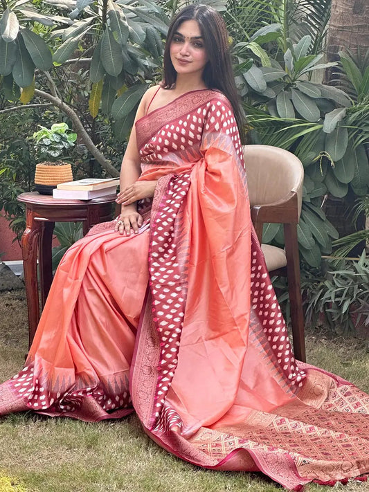 Pure Banarasi Soft Silk With Patola Pallu on Saree in Peach Colour by My Store