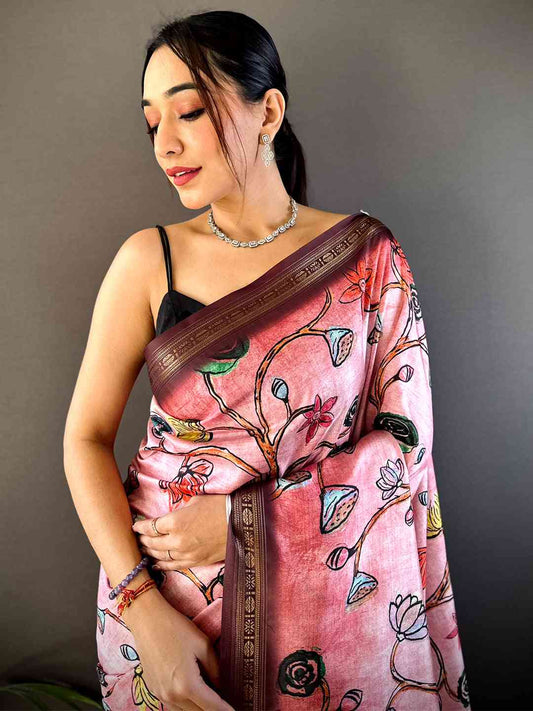 Pink Soft Silk Freehand Kalamkari Print Saree by My Store