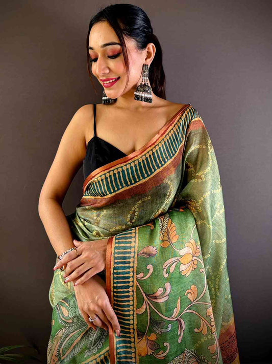 Fern Green Floral Chanderi Saree by My Store