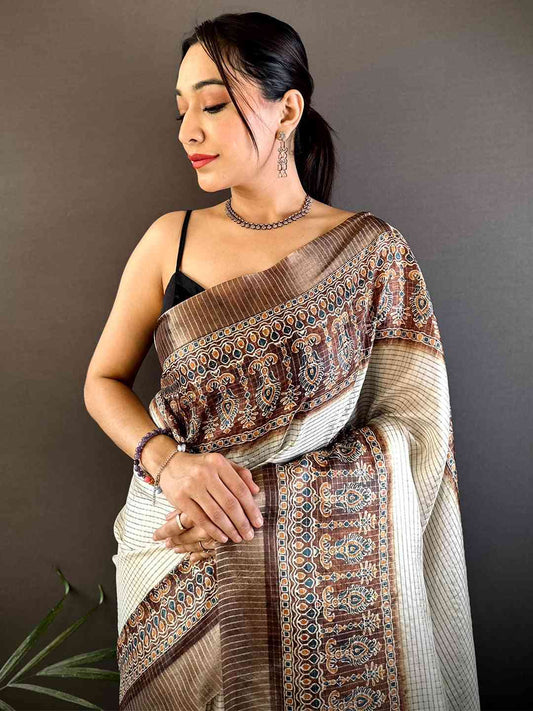 Brown Soft Silk Floral Digital Saree by My Store