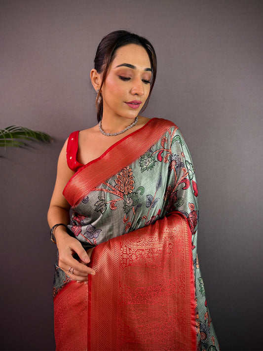 Sea Green Cherry Satin Kalamkari Saree by My Store