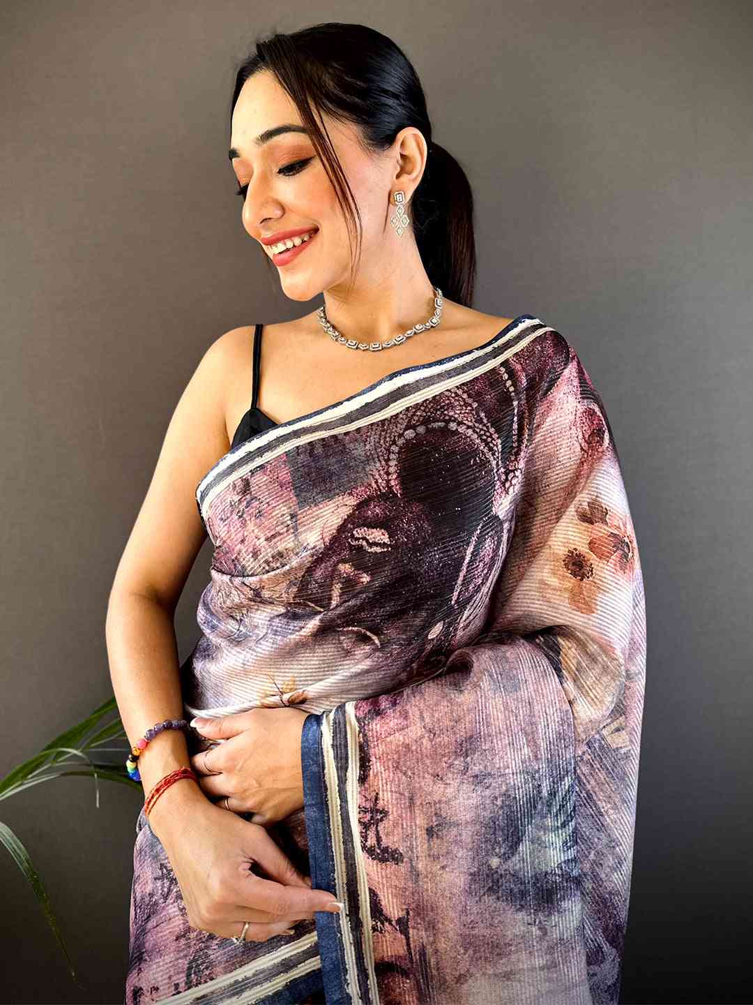 Lavender Gold Zari Tussar Batik Print Saree by My Store