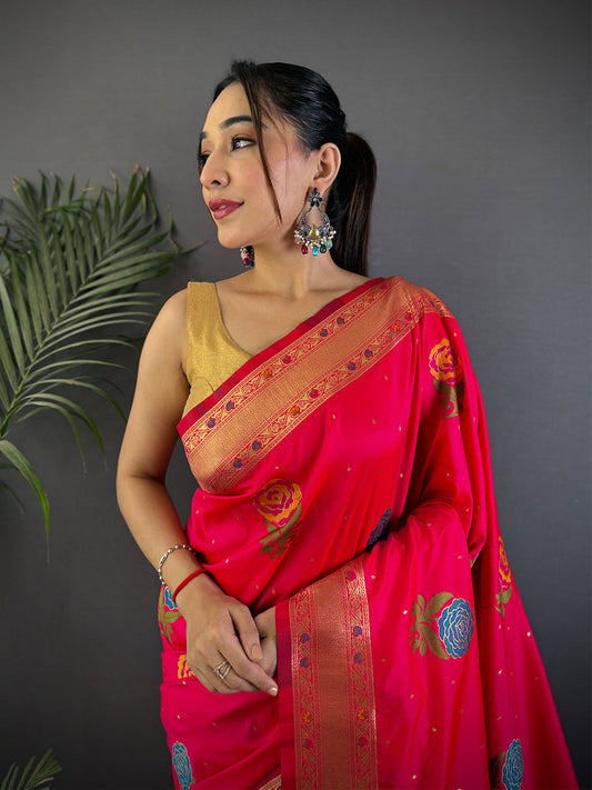 Pink Soft Silk Flowerport Minakari Saree by My Store