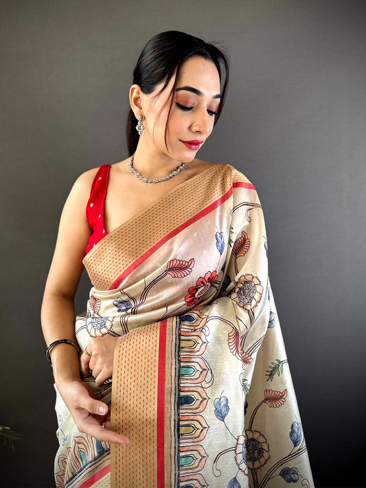 Cream Digital Kalamkari Printed Tussar Silk Saree by My Store