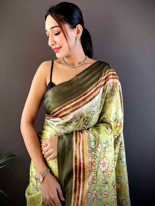 Pista Kalamkari Floral Printed Silk Saree by My Store