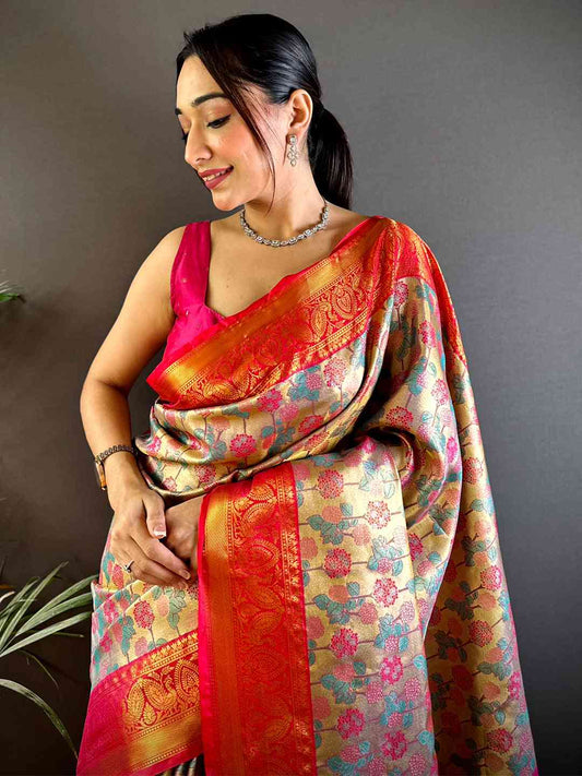 Royal Rani Pink Floral Dharmavaram Silk Saree by My Store