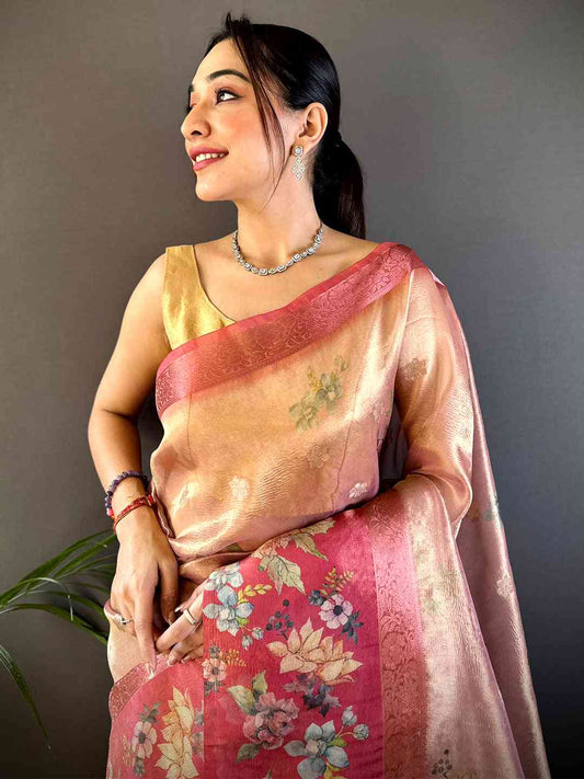 Red Tissue Digital Floral Saree by My Store