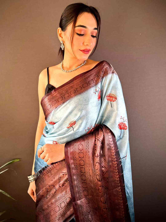 Light Blue Soft Silk Floral Ombre Print Saree by My Store