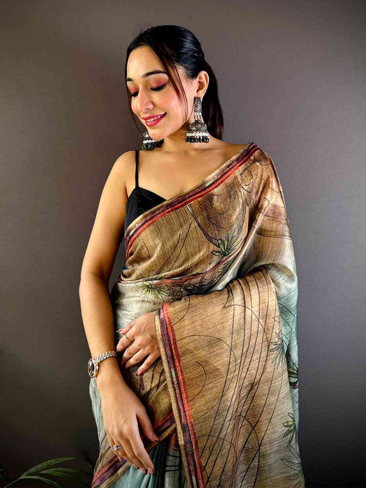 Sky Blue Tissue Chanderi Floral Abstract Saree by My Store