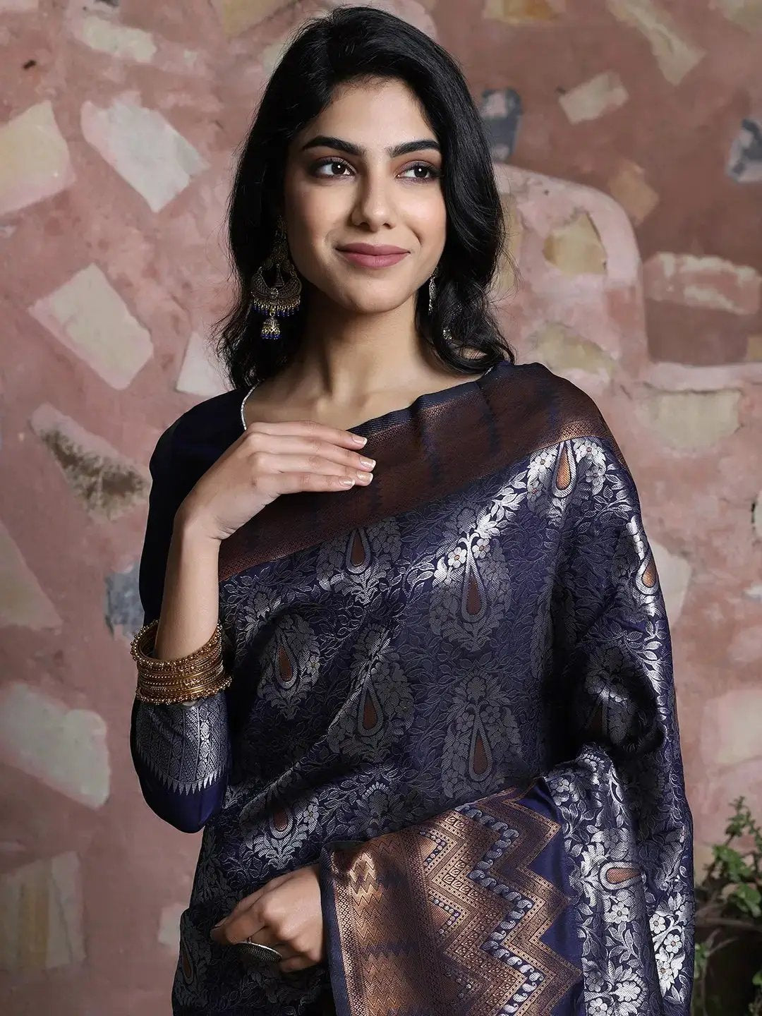 Navy Colour Kanjivaram Silk Saree With Zari Work by My Store