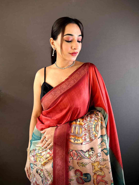 Red Soft Silk Placement Digital Print Saree by My Store