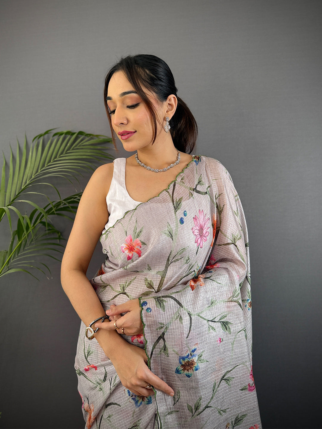 Light Grey Soft Kota Floral Print Saree by My Store