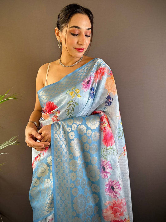 Sky Blue Kota Doriya Zari Floral Kanchi Border Saree by My Store