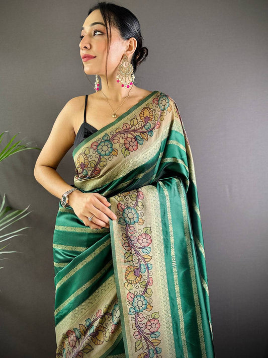 Green Geometric Zari And Kalamkari Silk Saree by My Store