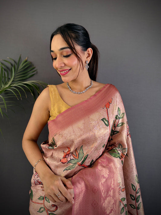 Radiant Peach Kanjivaram Silk Digital Print Saree by My Store