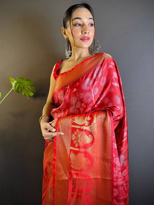 Red Charry Satin Floral Saree by My Store