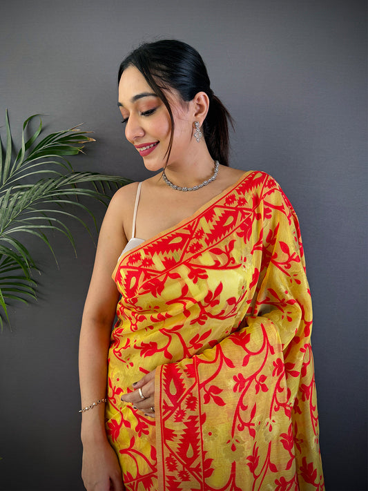 Yellow Soft Dhakai Jamdani Silk Saree