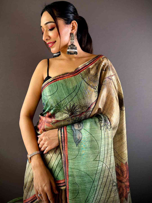 Green Tissue Chanderi Floral Abstract Saree by My Store