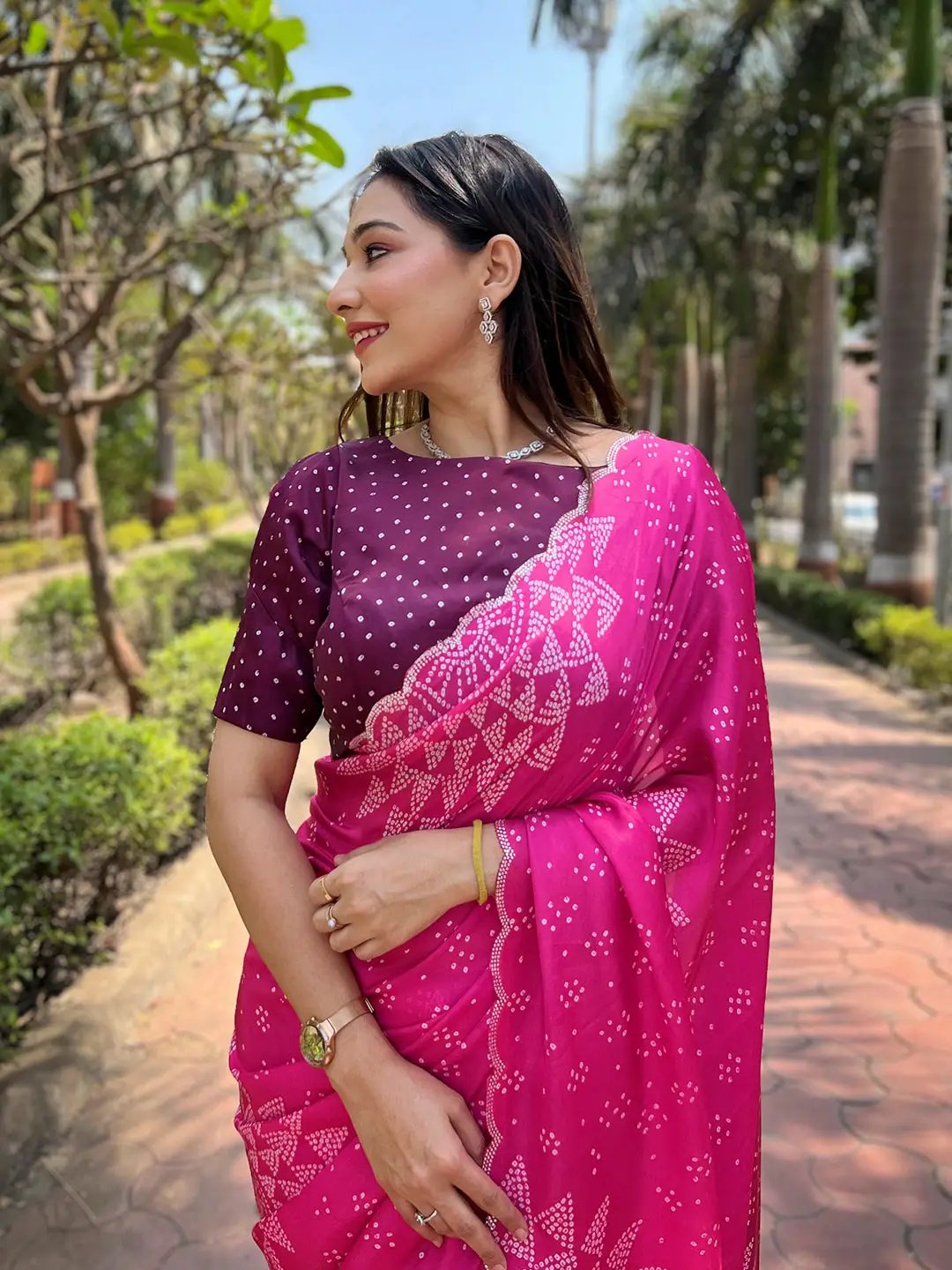 Rani Georgette Silk Saree with Ombre Bandhej Print & Swaroski Stone Work