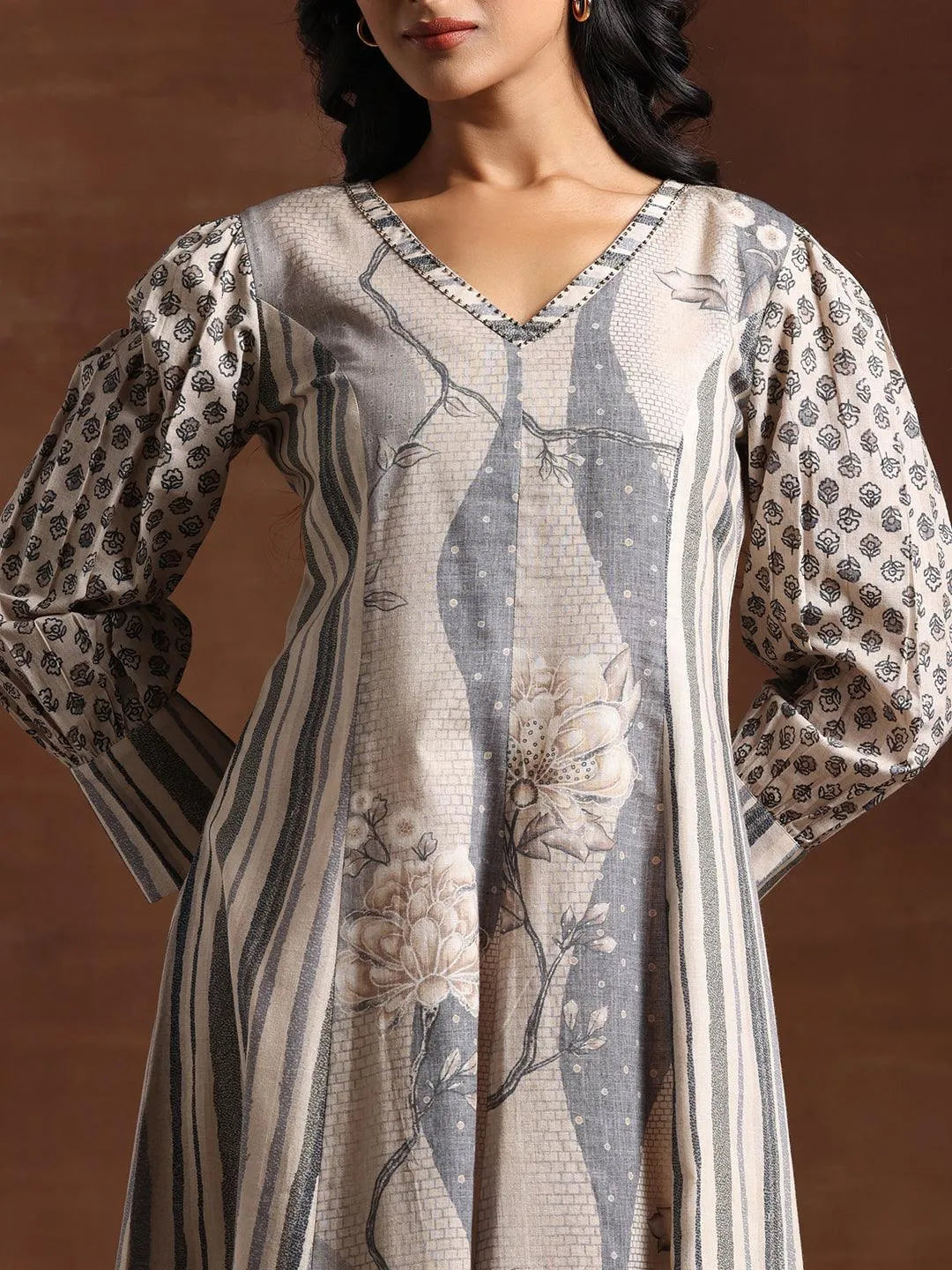 Off White Printed Cotton Blend A-Line Dress by My Store