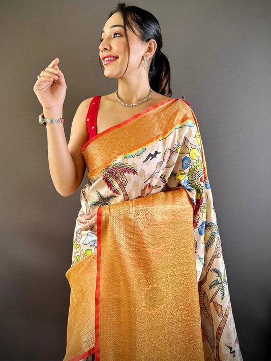 Cream Kanchi Kalamkari Elegance Saree by My Store