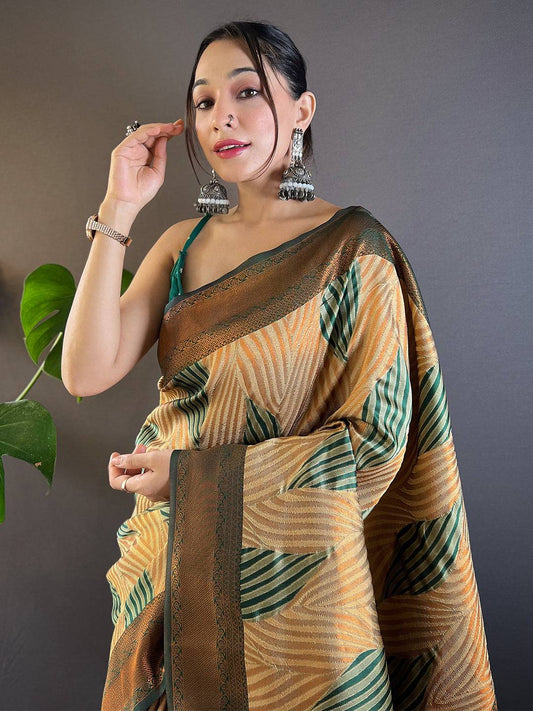 Brown Tussar Silk Zari Weaving Ikkat Saree by My Store