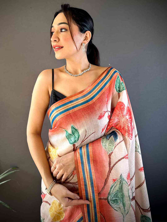 Floral Blush Pink Chanderi Saree by My Store