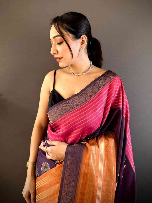 Dark Pink Soft Crepe Silk Digital Ombre Saree by My Store