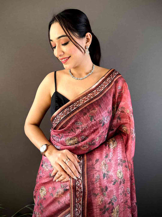 Rose Pink Gold Zari Chanderi Phulkari Saree by My Store