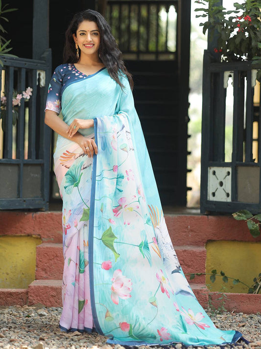 Satin Georgette Aqua Colour Hand Print Saree - Luxe by My Store