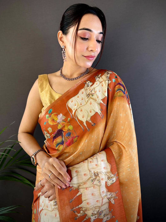 Orange Chanderi Pichwai Print Saree by My Store