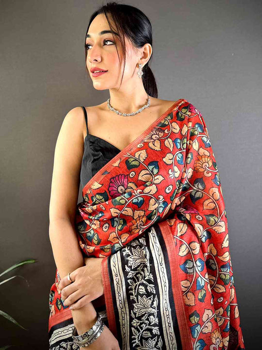 Red Chanderi Phulkari Floral Sulb Saree by My Store