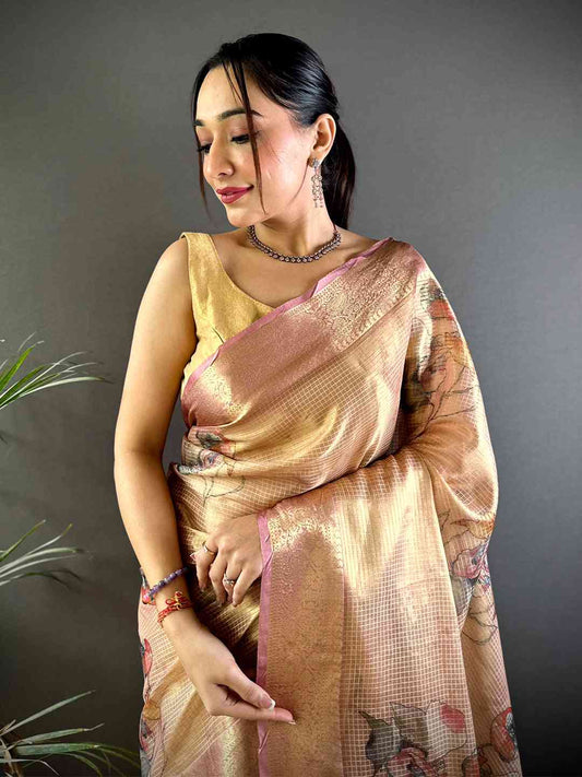 Stylish Dark Wine Self Gold Zari Floral Print Saree by My Store