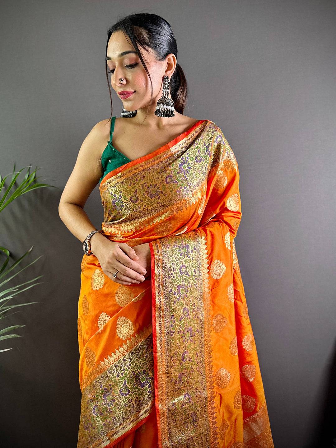Orange Banasari Silk Saree With Zari Weaving by My Store