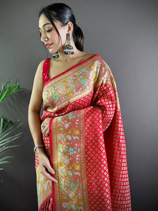 Red Banarasi Mina Kari Katan Silk Saree by My Store