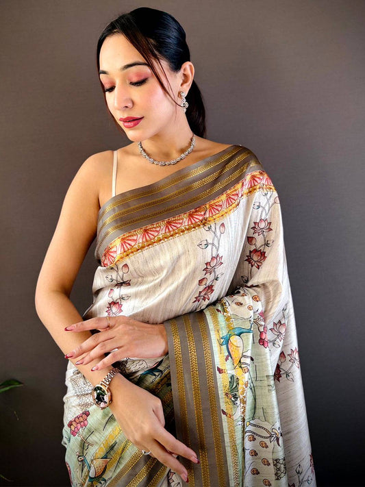 Elegant Soft Silk White Pichwai Prints Saree by My Store