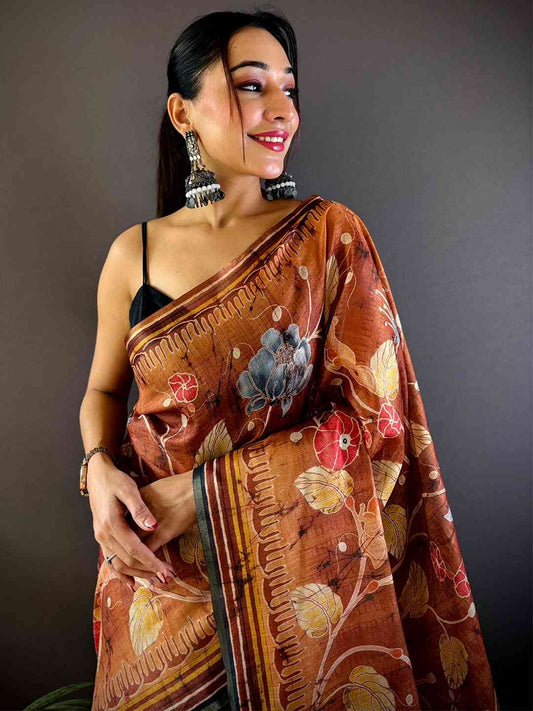 Copper Brown Tissue Chanderi Kalamkari Saree by My Store