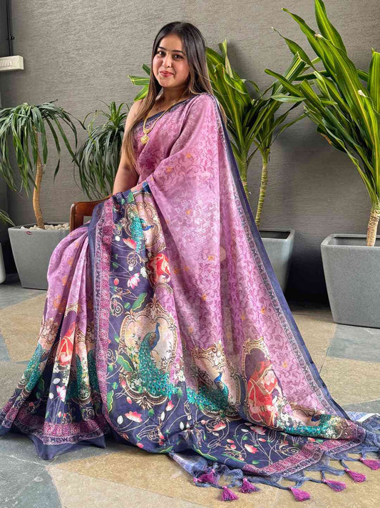 Purple colour Linen Saree With Digital Print And Majestic Border by My Store