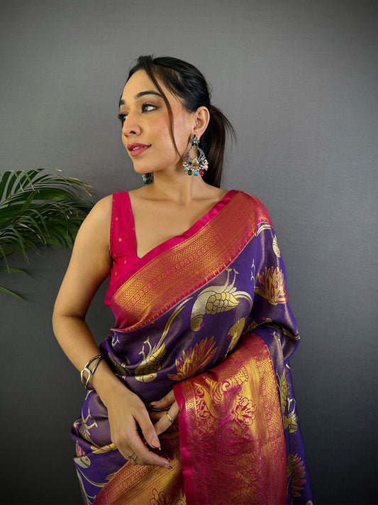 Purple Dharmavaram Gold Birds Print Saree by My Store
