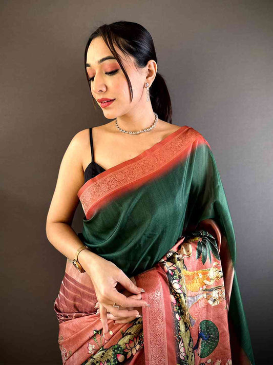 Green Soft Silk Placement Digital Print Saree by My Store