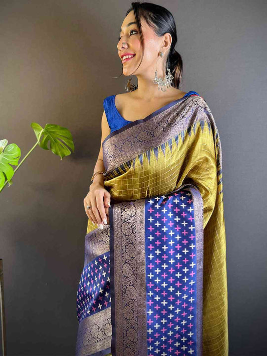 Green Chex Ikkat Saree With Double Border by My Store