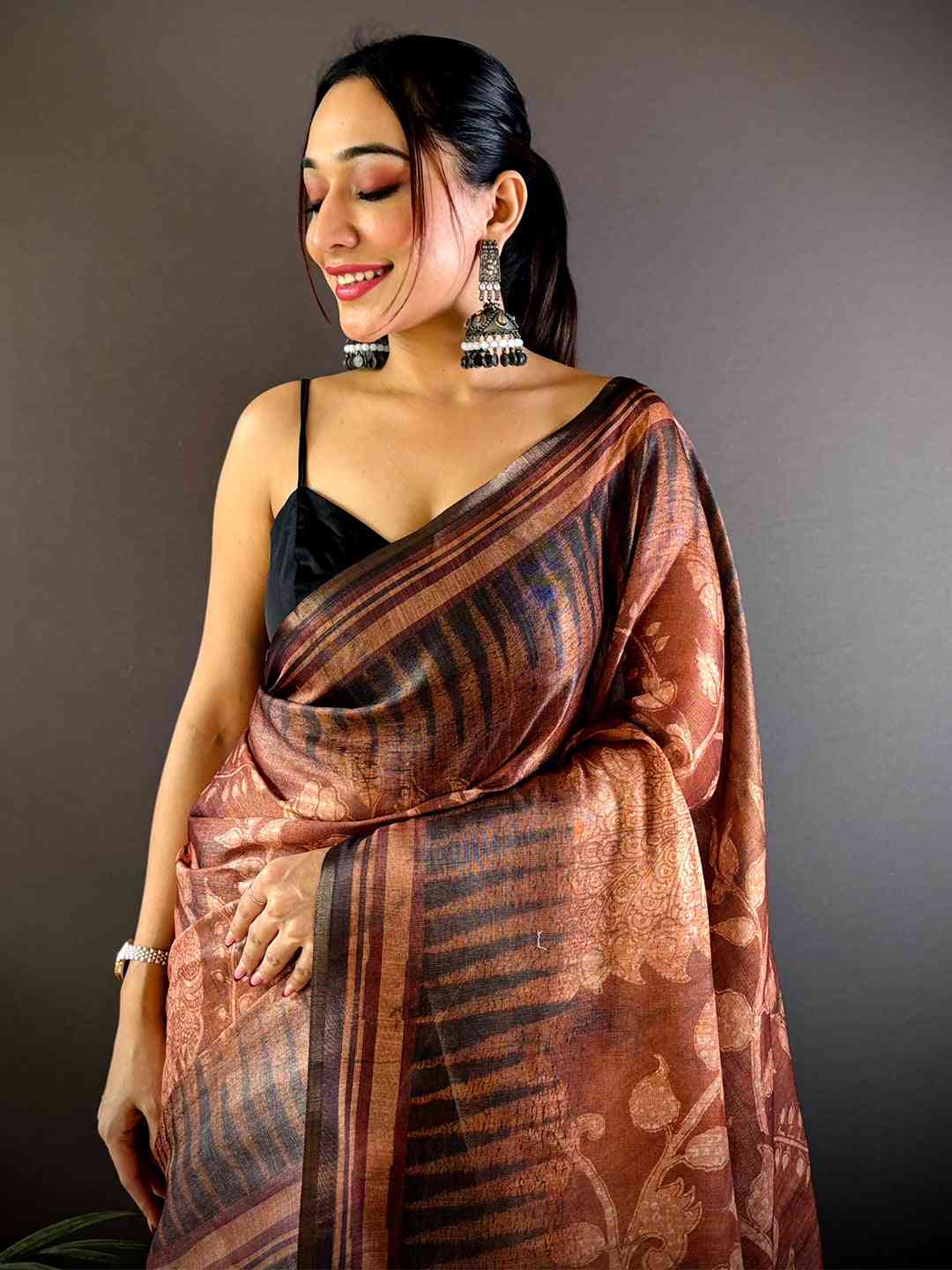 Coffee Brown Floral Stripes Tissue Saree by My Store